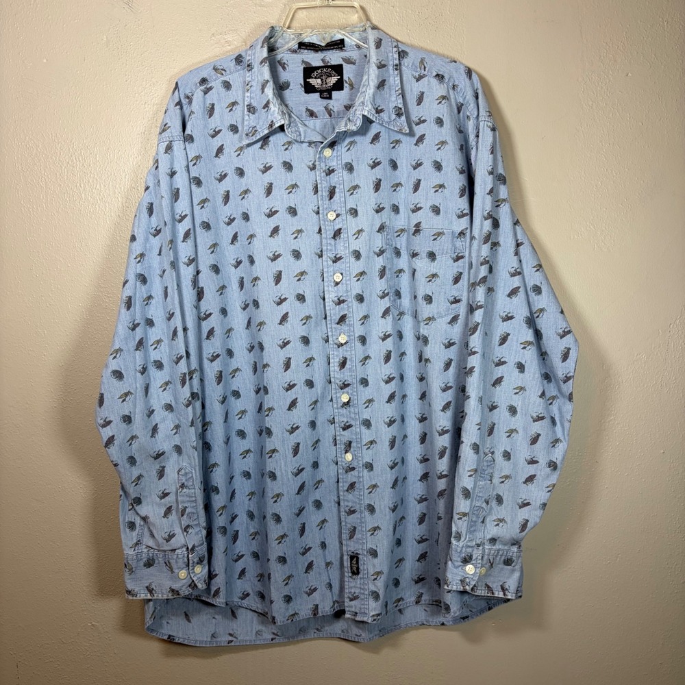 Vintage 1994 Dockers Levis Mens XL Fly Fishing Lure Print Cotton Shirt Blue LS